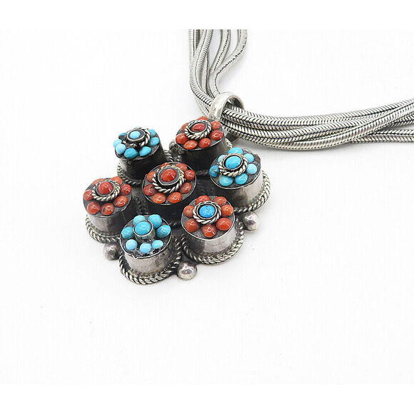 MIDDLE EASTERN 925 Silver Vintage Turquoise & Coral Chain Necklace NE1498 - Picture 3 of 5